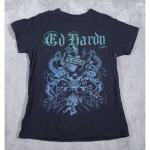 Vintage Ed Hardy Shirt Adult Large (Fits S/M) Black Blue Skull Y2K Grunge Tattoo